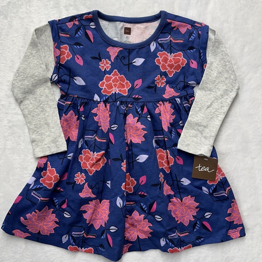 Tea Collection Toddler Girls Long Sleeve Floral Graphic Patina Dress Size 2T NEW